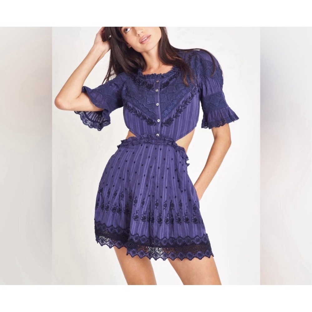 Love Shack Fancy Delina Open Back Mini Dress Navy‎ S Embroidered Peasant
